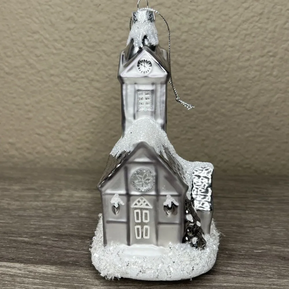 Hand Blown Glass White Silver Glitter House Church Christmas Ornament 6